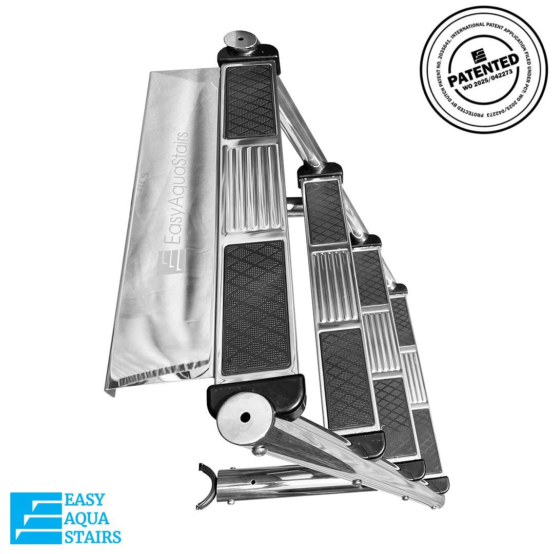 EASY AQUA STAIRS click on swimming pool stair system. Get in and out of the pool easily, comfortably and safely with EASY AQUA STAIRS.
